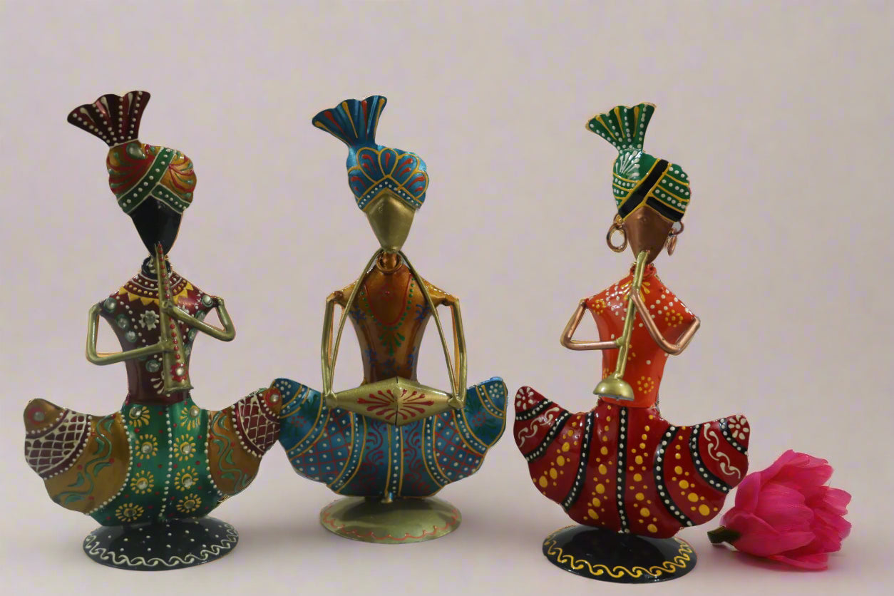 Iron Multicolor Sitting Sardar Musician Set of 3 Decorative Showpiece