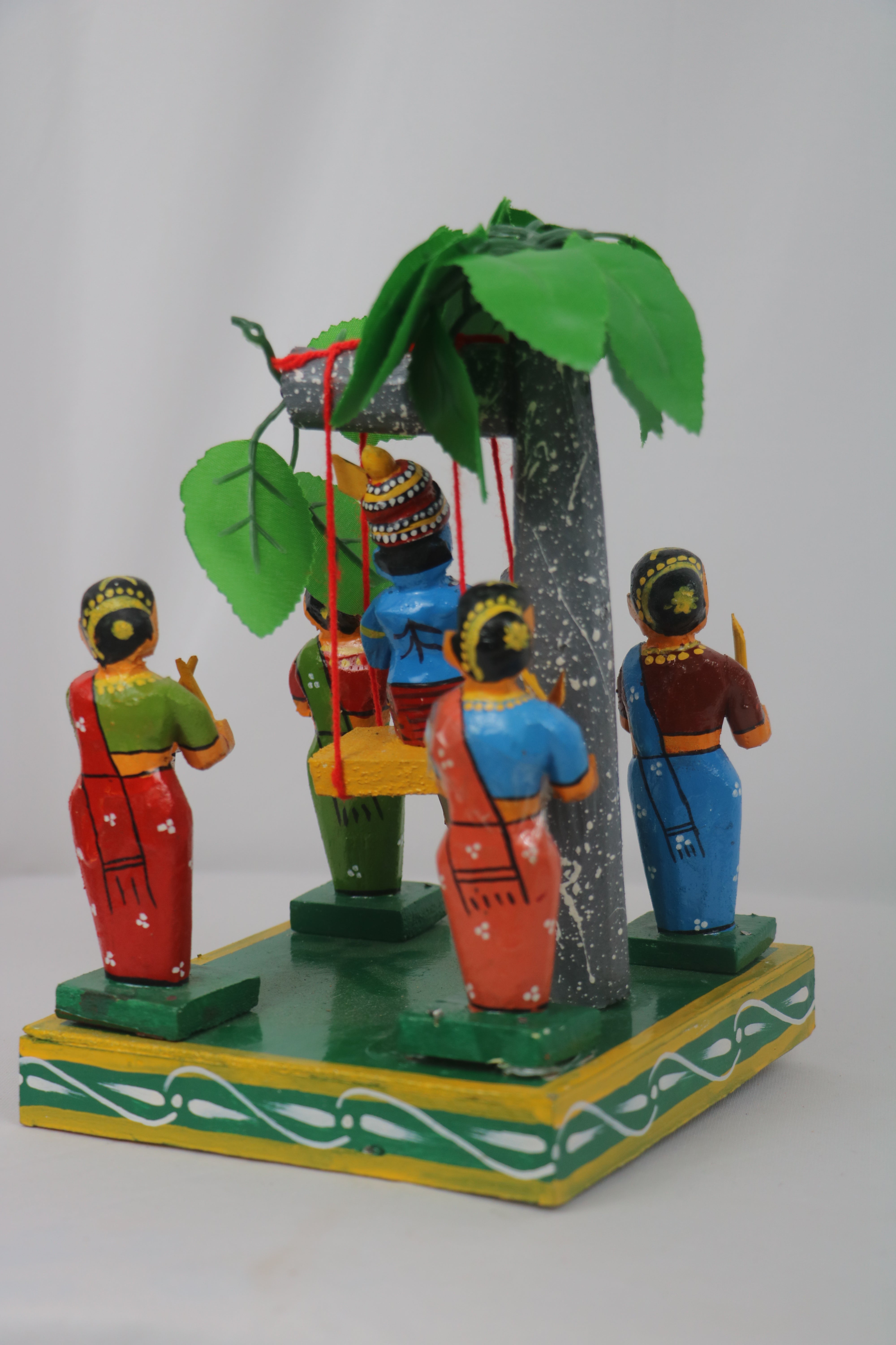 Artisan Krishna in Jhula with Gopikas – Authentic Wooden Craft