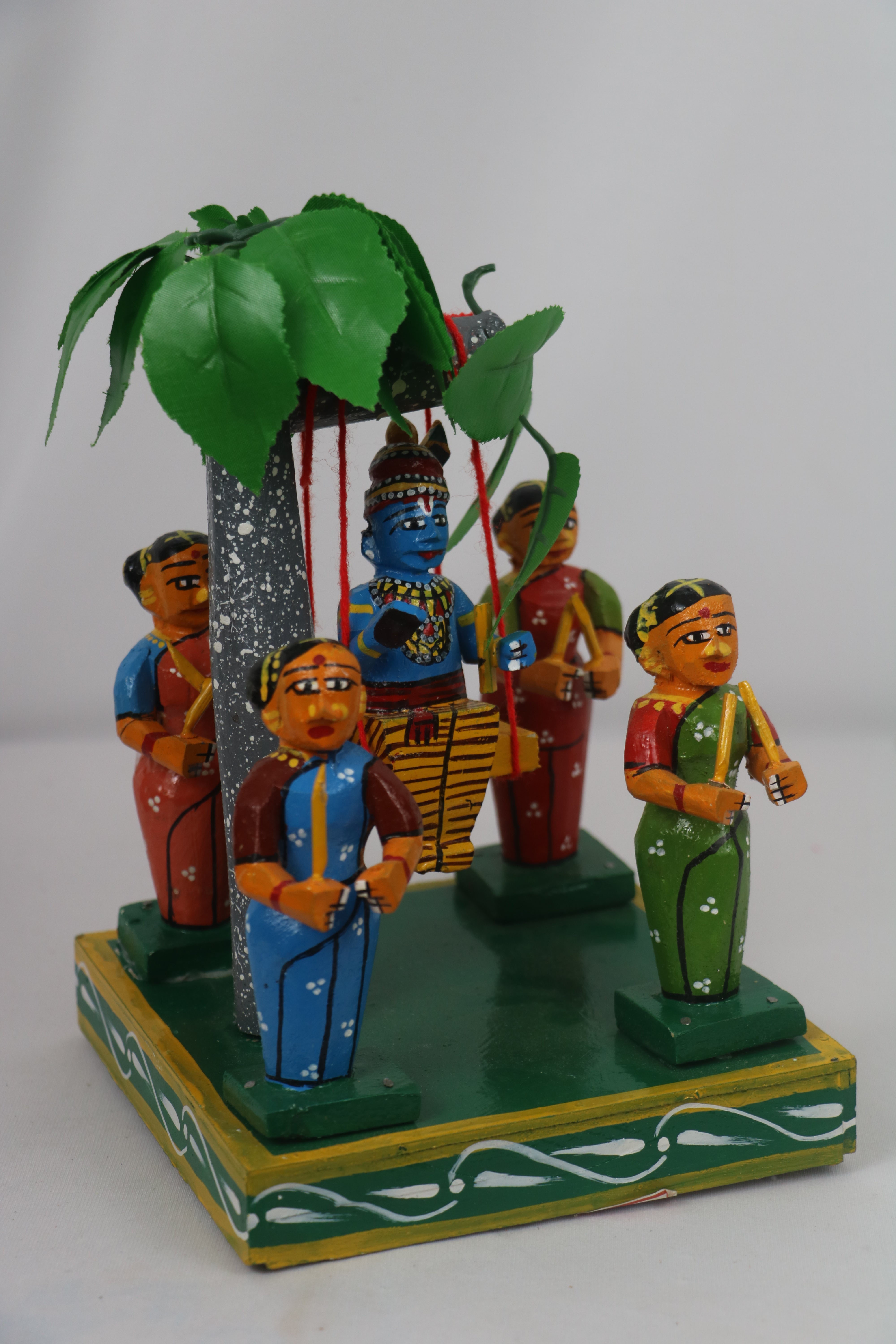 Artisan Krishna in Jhula with Gopikas – Authentic Wooden Craft