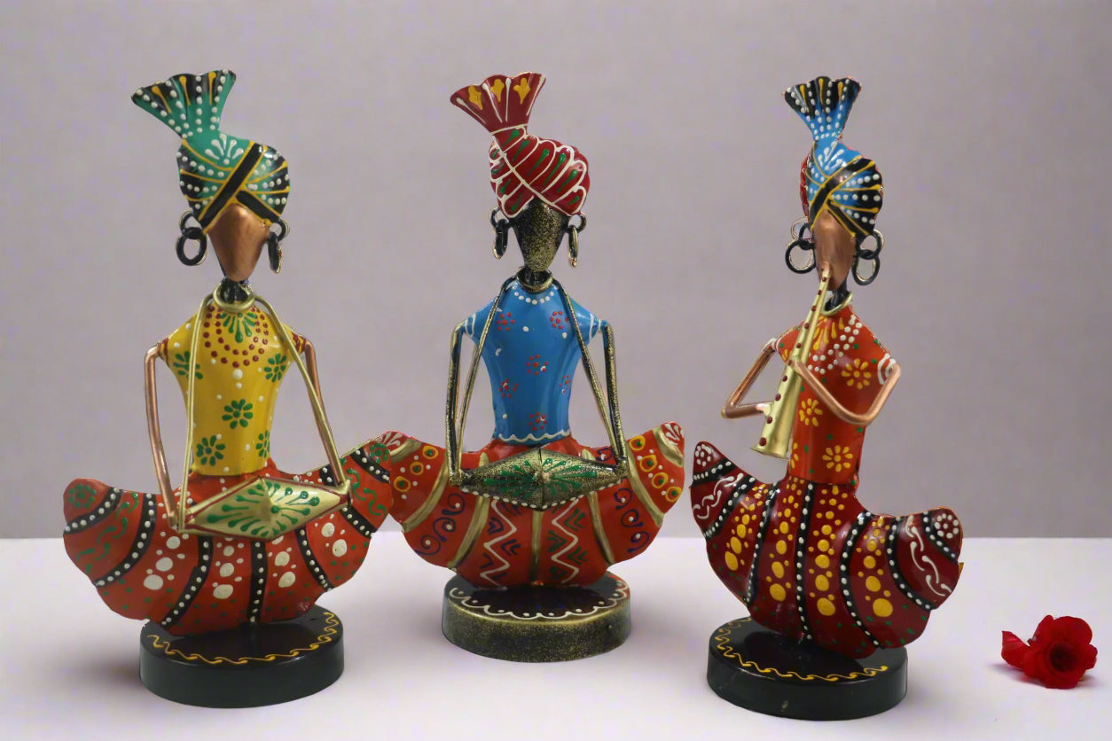 Iron Multicolor Sitting Sardar Musician Set of 3 Decorative Showpiece