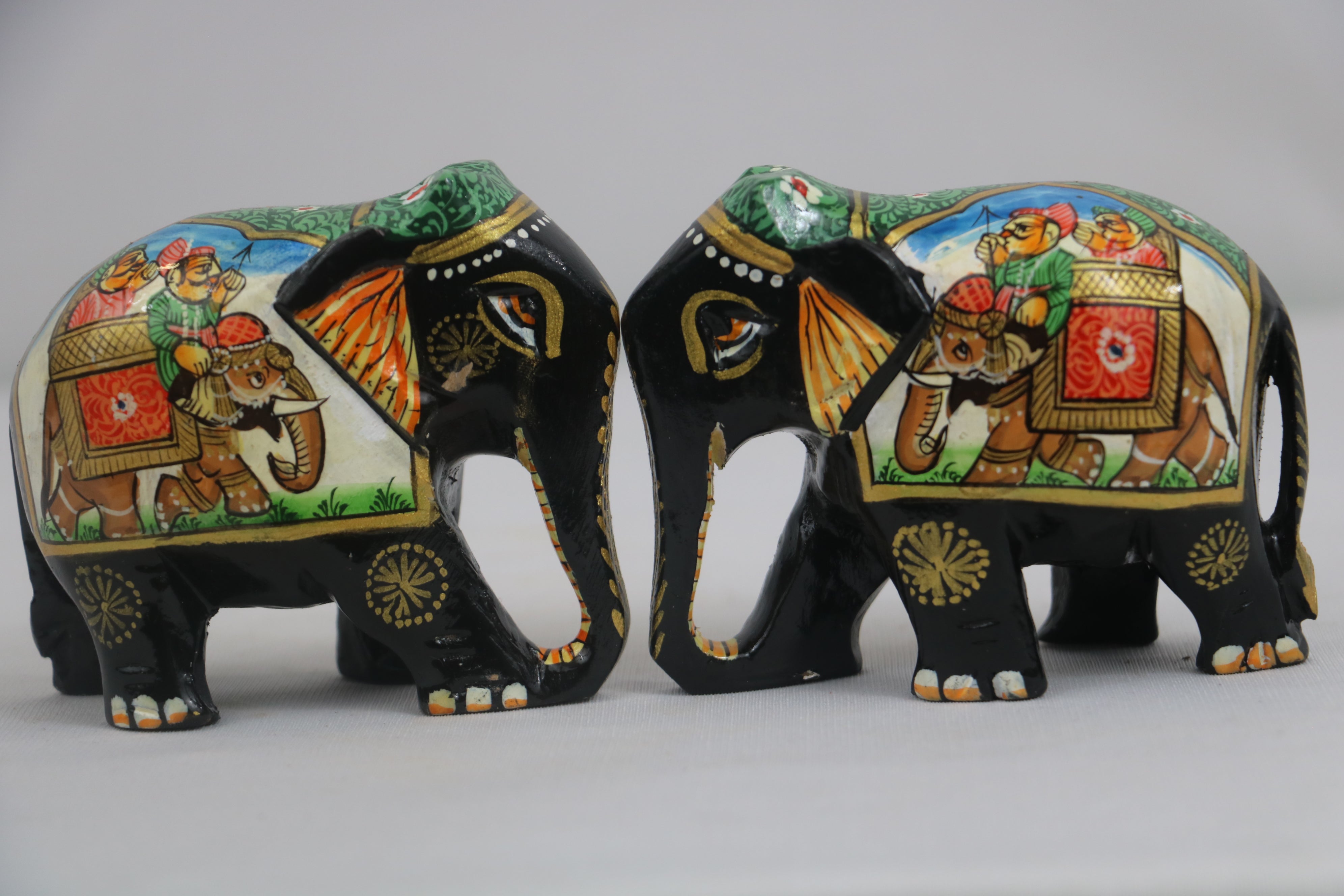 Black Painted Wooden Mughal Elephants – Elegant Decorative Figurines