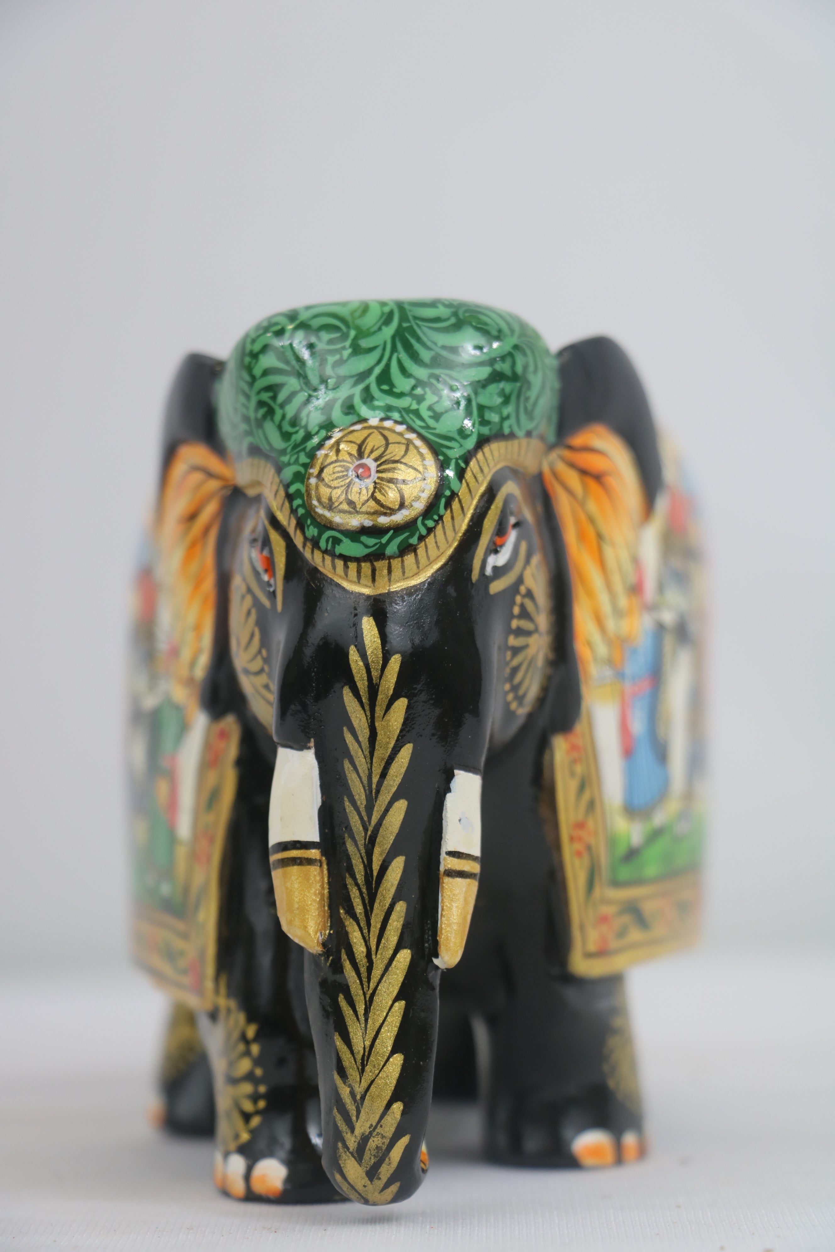 Black Painted Wooden Mughal Elephants – Elegant Decorative Figurines