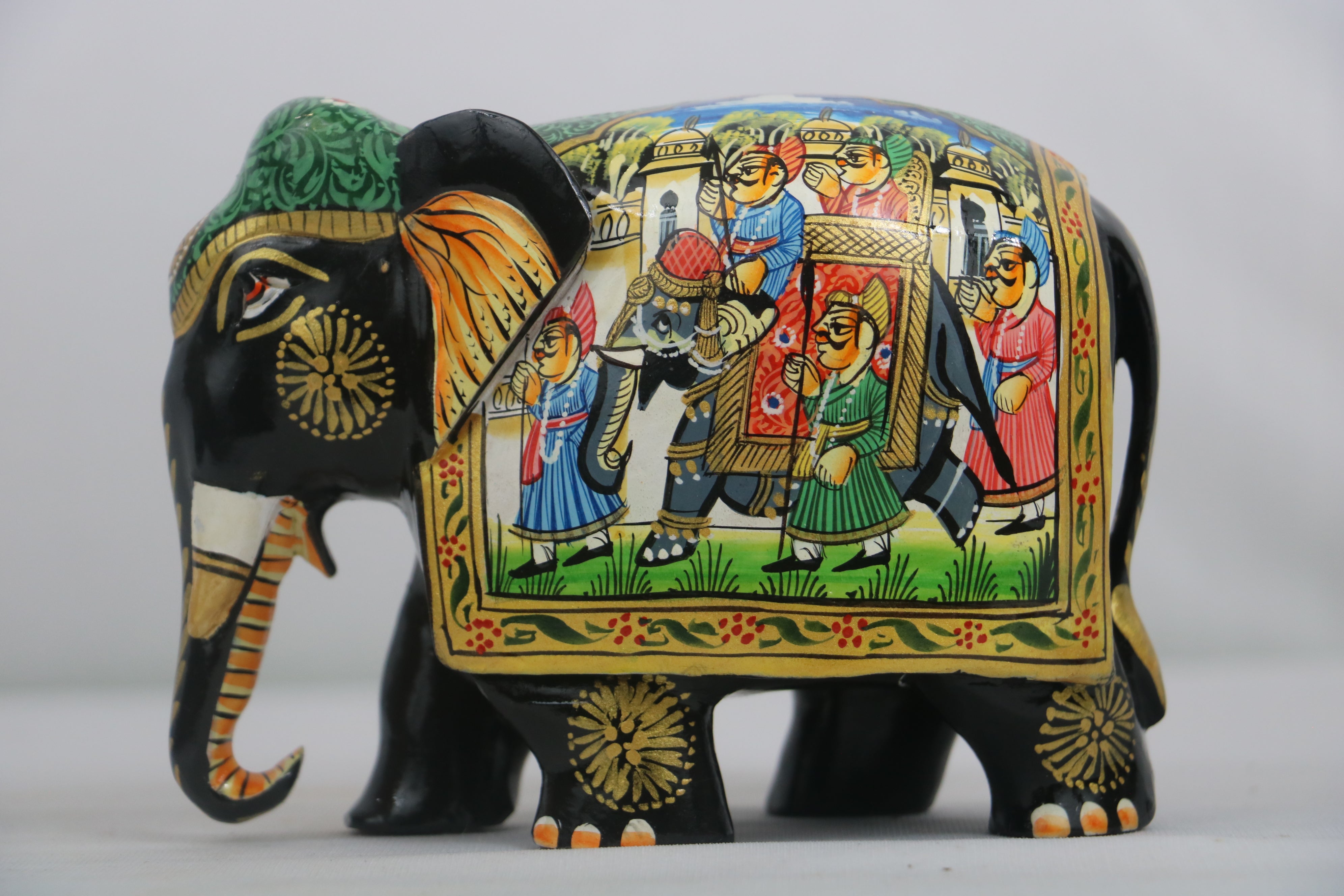 Black Painted Wooden Mughal Elephants – Elegant Decorative Figurines