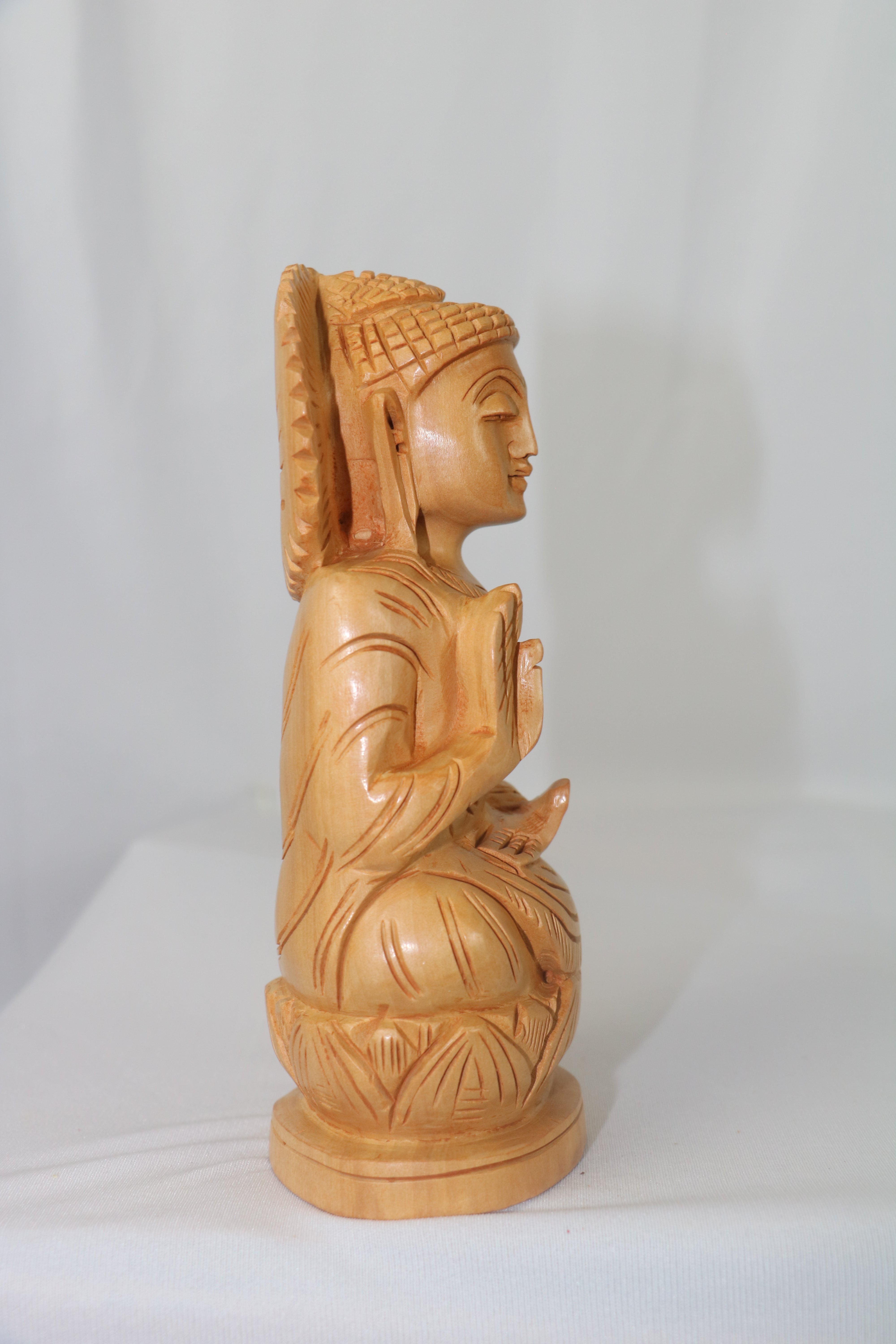 Hand-Carved Wooden Buddha Sitting In Lotus Decorative Background Panel