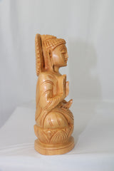 Hand-Carved Wooden Buddha Sitting In Lotus Decorative Background Panel