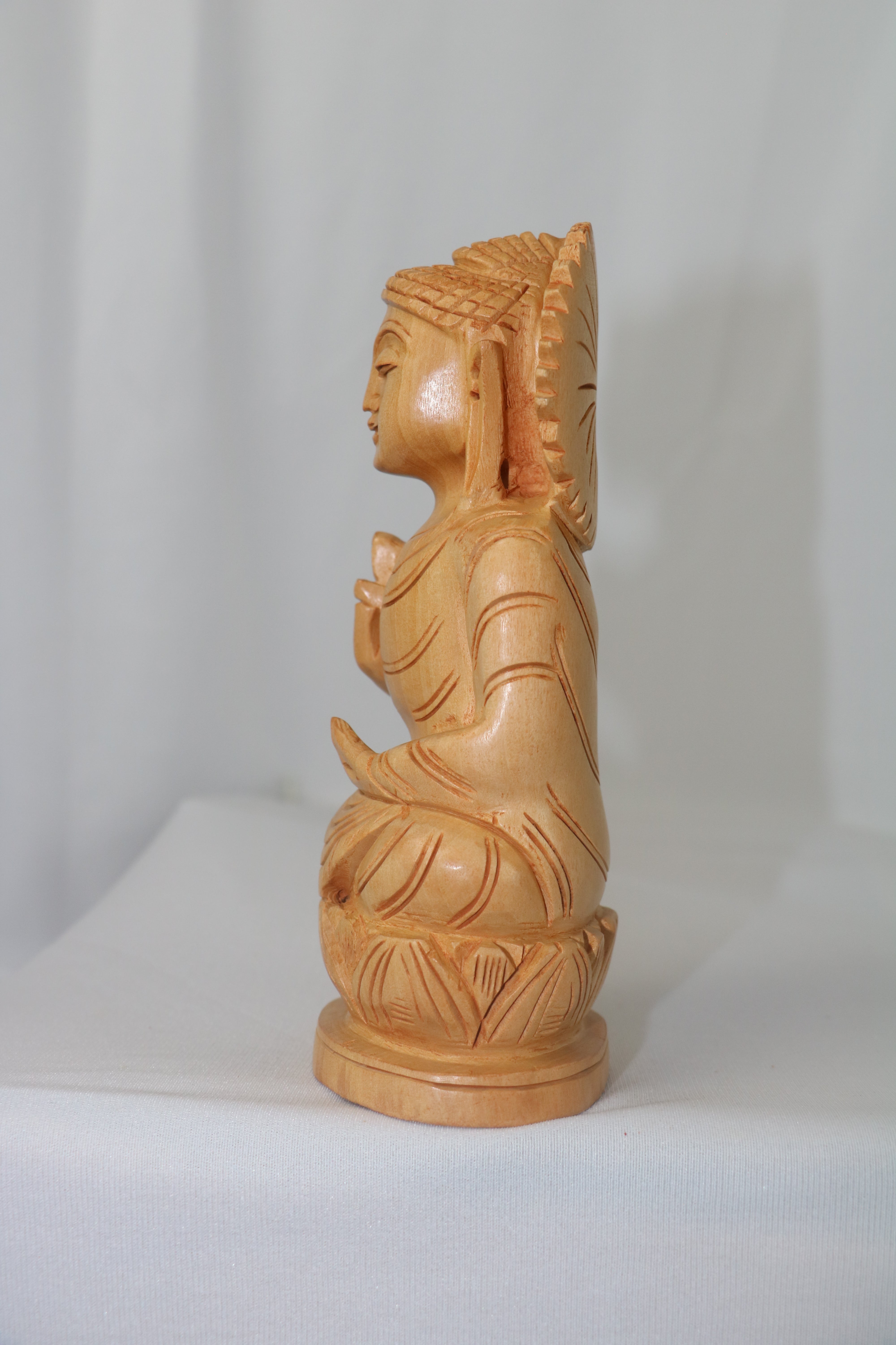 Hand-Carved Wooden Buddha Sitting In Lotus Decorative Background Panel