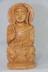 Hand-Carved Wooden Buddha Sitting In Lotus Decorative Background Panel