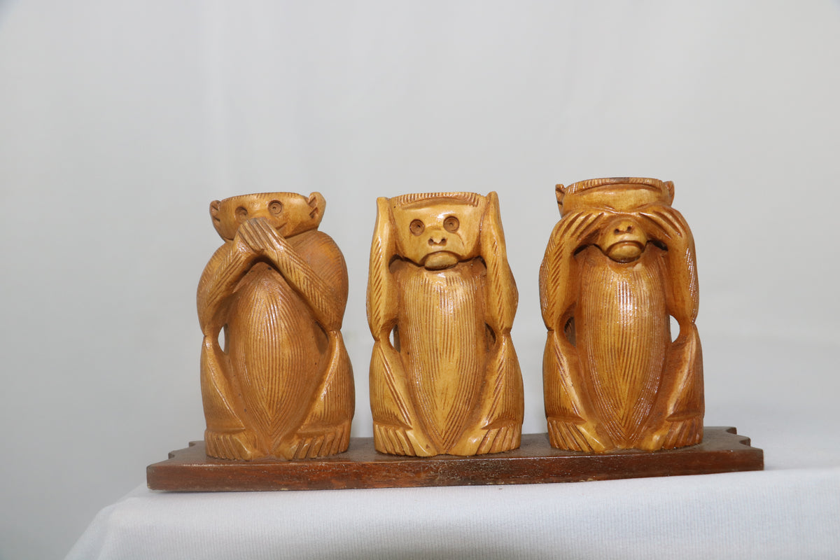 Hand-Carved Three Wise Monkeys Sculpture | Traditional Wooden Art