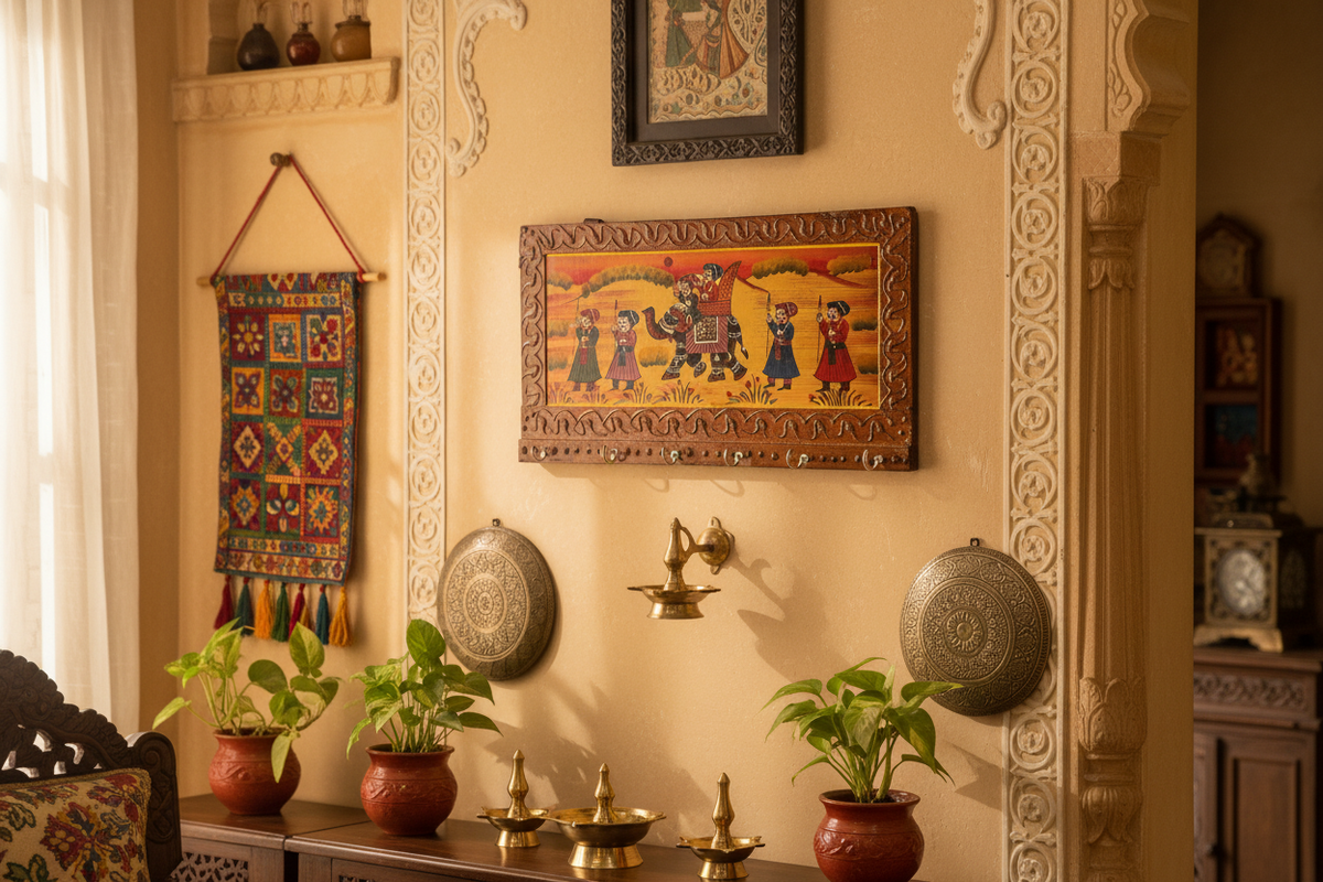 Decorative key hanger wall art with a camel and people design on a wooden frame.