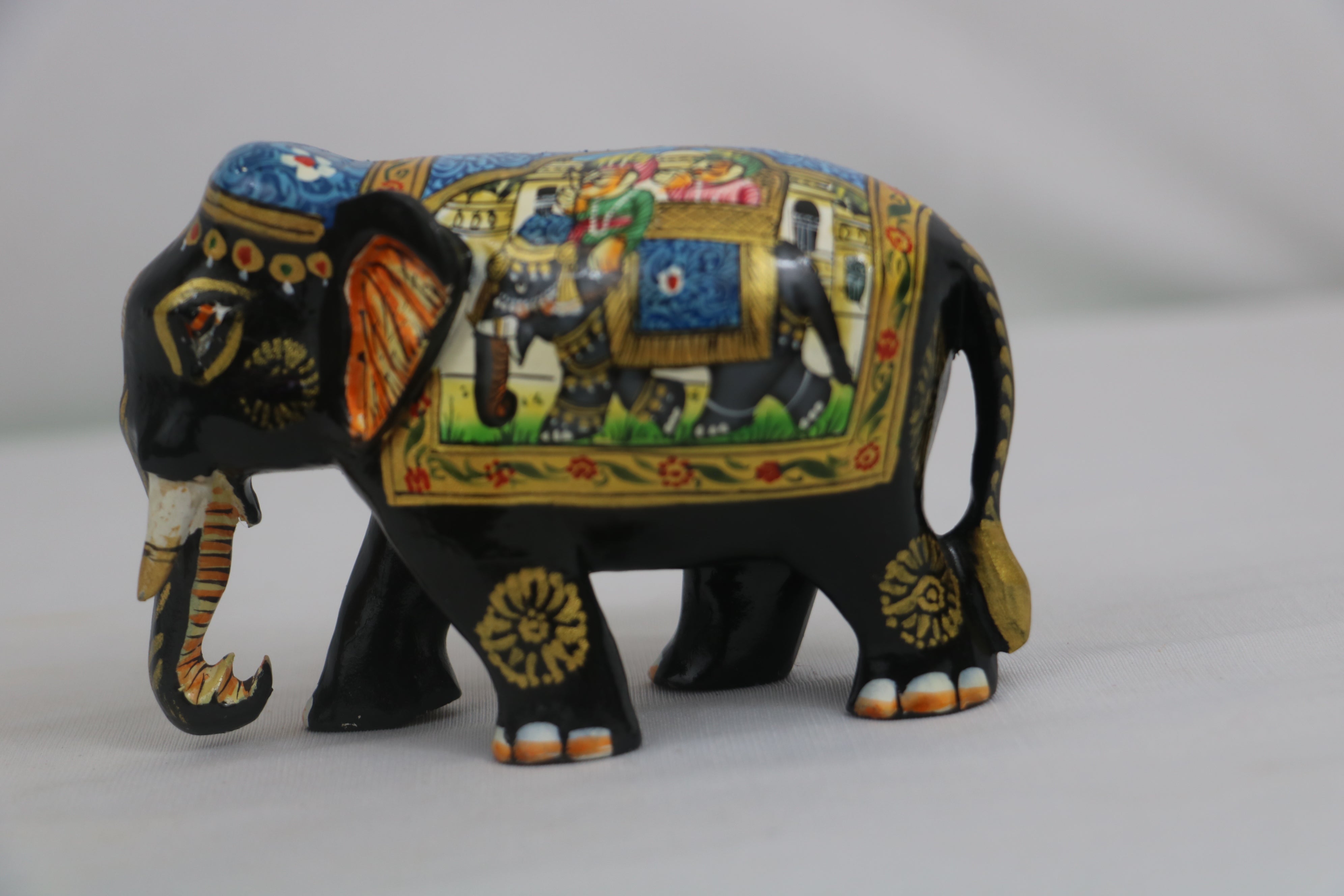 Black Painted Wooden Mughal Elephants – Elegant Decorative Figurines