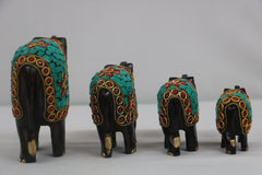 Wooden Hand Painted Elephant With Blue Stone