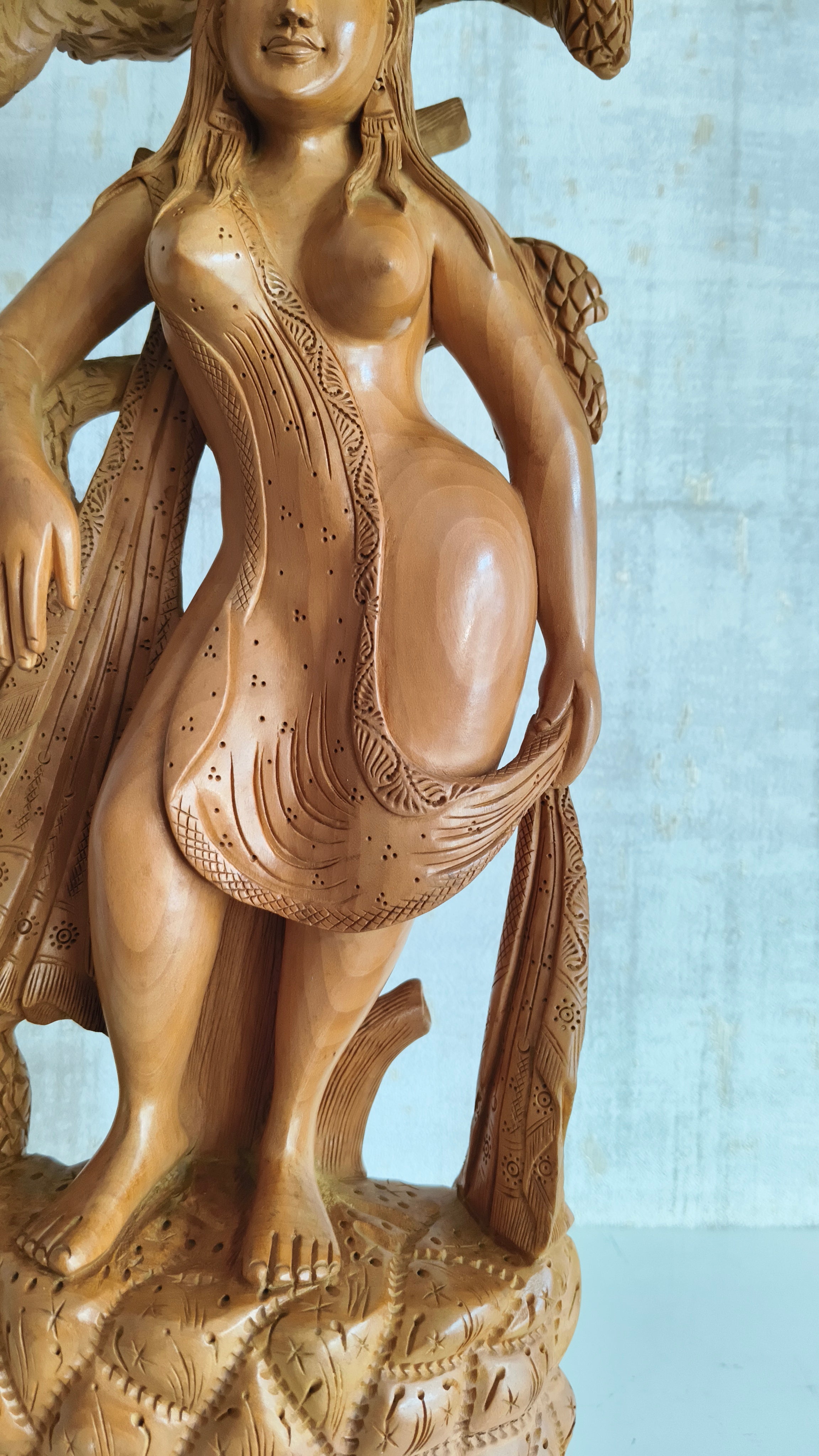Hand-Carved Wooden Salabhanjika (Celestial Maiden) under a Fruiting Tree