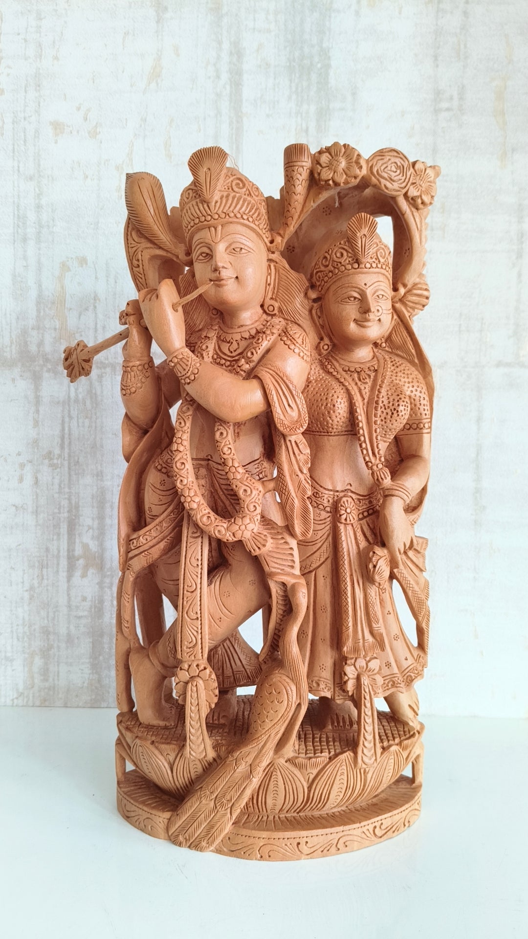 Divine Love: Hand-Carved Wooden Radha Krishna Sculpture with Intricate Detailing
