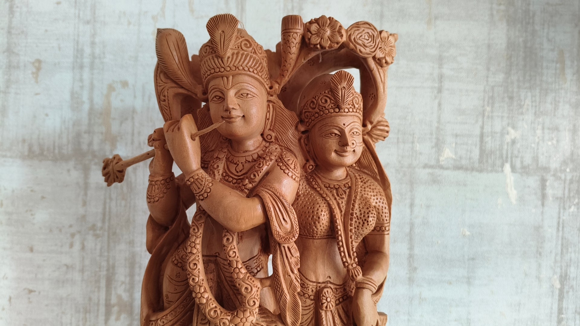 Divine Love: Hand-Carved Wooden Radha Krishna Sculpture with Intricate Detailing