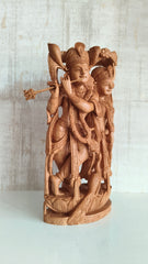 Divine Love: Hand-Carved Wooden Radha Krishna Sculpture with Intricate Detailing