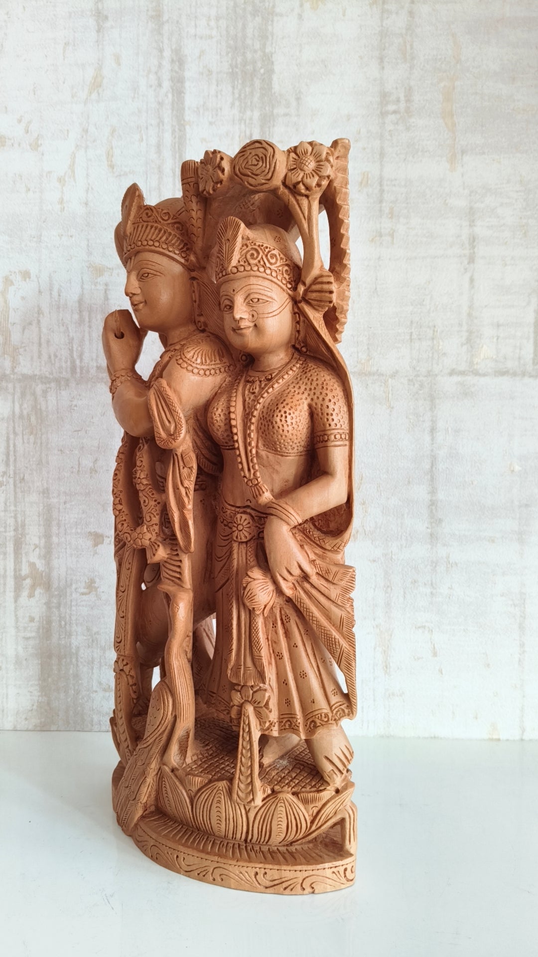Divine Love: Hand-Carved Wooden Radha Krishna Sculpture with Intricate Detailing