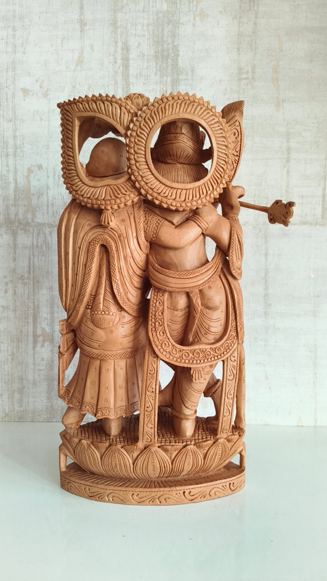 Divine Love: Hand-Carved Wooden Radha Krishna Sculpture with Intricate Detailing