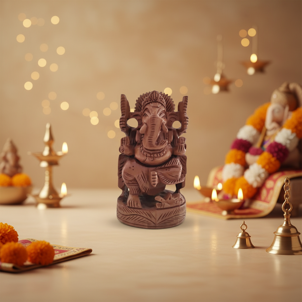 Wooden Ganesh Sitting in Chair | Hand-Carved Spiritual Statue