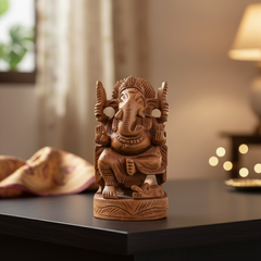 Wooden Ganesh Sitting in Chair | Hand-Carved Spiritual Statue