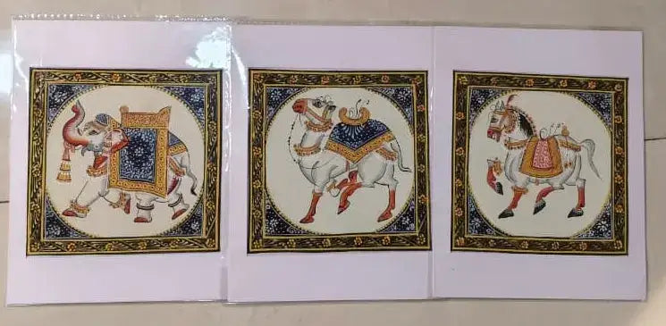 Royal Procession Trio – Elephant, Camel, and Horse in Rajasthani Miniature Style   Paintings
