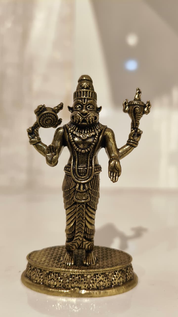 Exquisite Four-Armed Brass Idol of Ugra Narasimha (Man-Lion Avatar of Lord Vishnu)