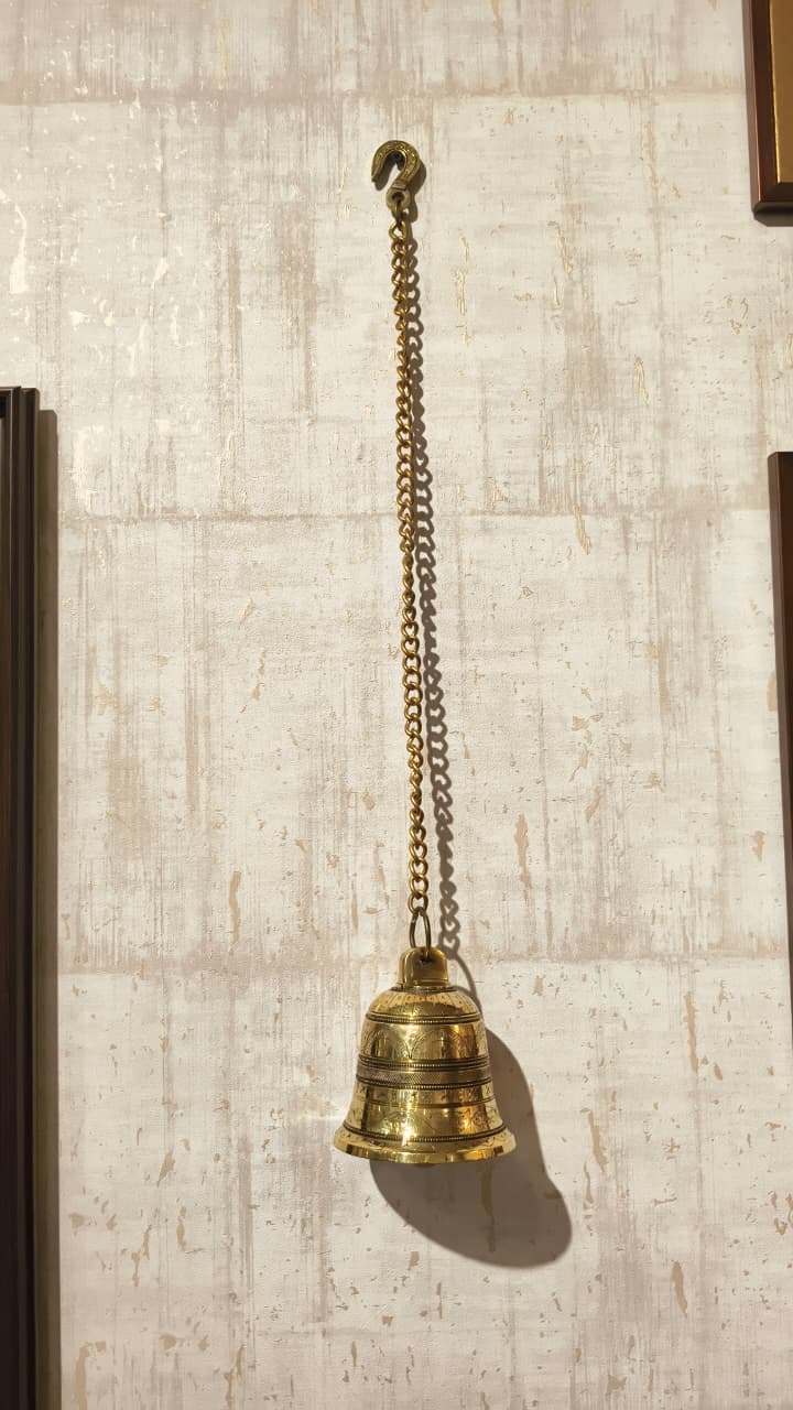 Handcrafted Antique Finish Hanging Brass Temple Bell with Chain and Hook