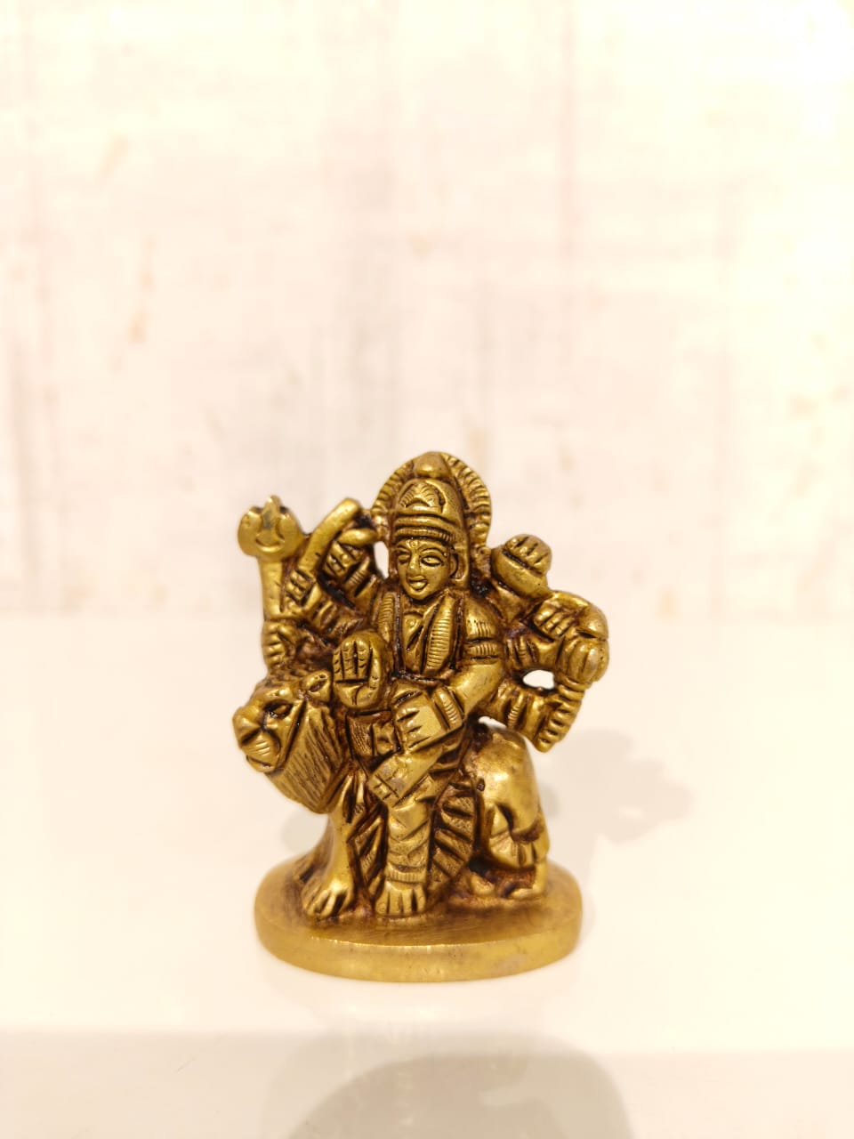 Handcrafted Brass Idol of Maa Durga (The Warrior Goddess) Riding Her Lion Vahana