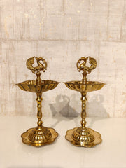 Elegant Traditional Brass Diya Stands (Kuthu Vilakku) with Peacock Finials