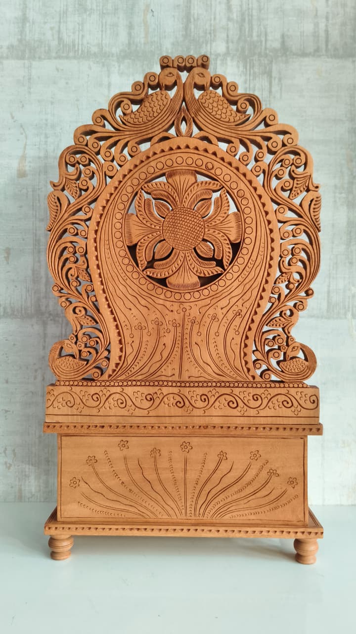Grand Hand-Carved Wooden Ganesha Sculpture on Pedestal with Prabhavali and Mushaks