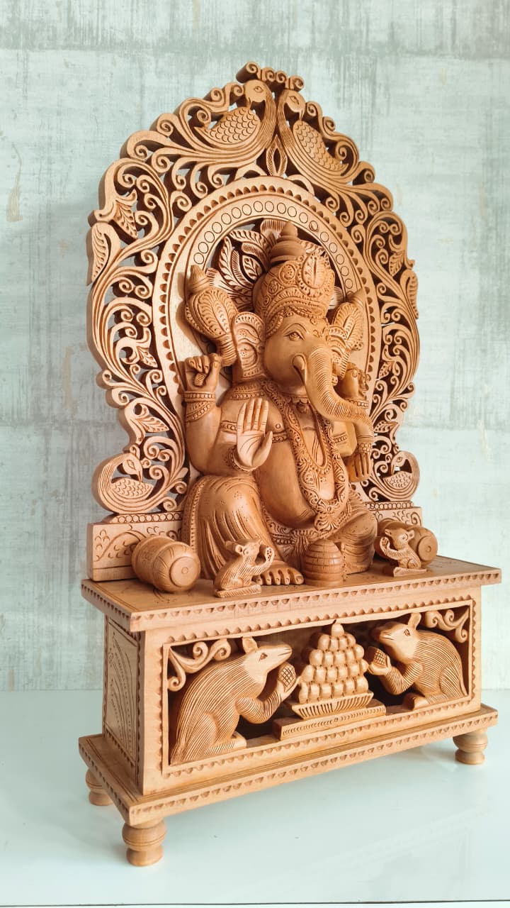 Grand Hand-Carved Wooden Ganesha Sculpture on Pedestal with Prabhavali and Mushaks