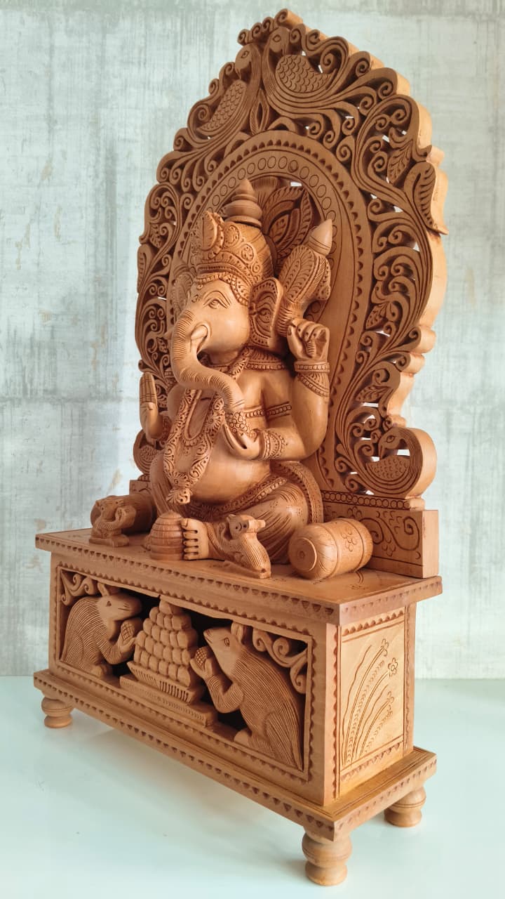 Grand Hand-Carved Wooden Ganesha Sculpture on Pedestal with Prabhavali and Mushaks