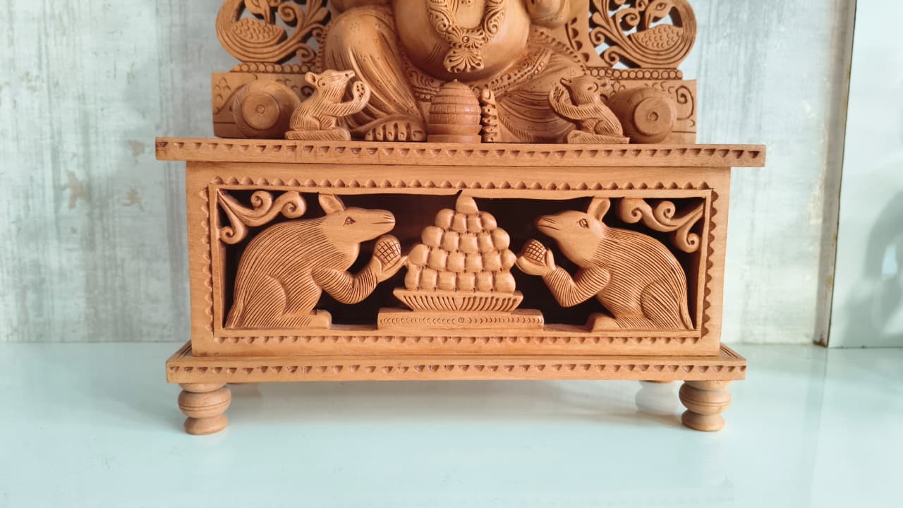 Grand Hand-Carved Wooden Ganesha Sculpture on Pedestal with Prabhavali and Mushaks