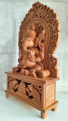Grand Hand-Carved Wooden Ganesha Sculpture on Pedestal with Prabhavali and Mushaks