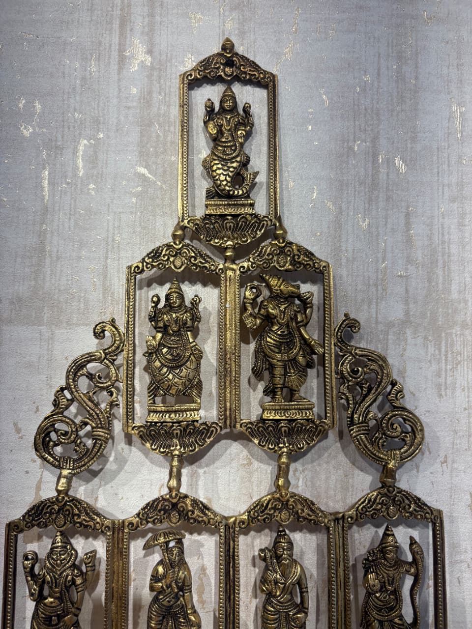 Grand Brass Multi-Tiered Deity Wall Hanging - Hindu Pantheon Decor   Brass Ware