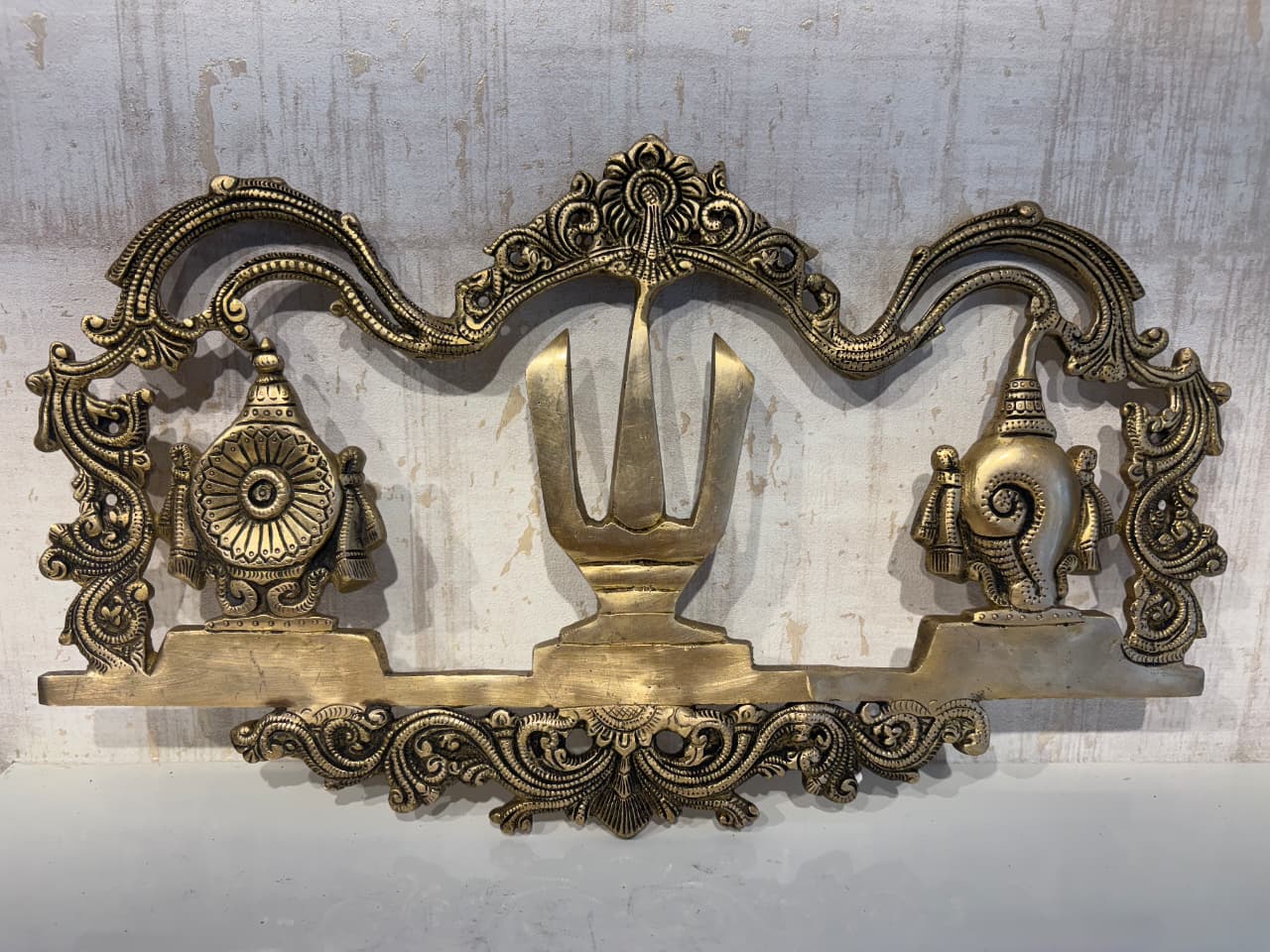 Sacred Brass Venkateswara Namam Wall Hanging with Shankha and Chakra