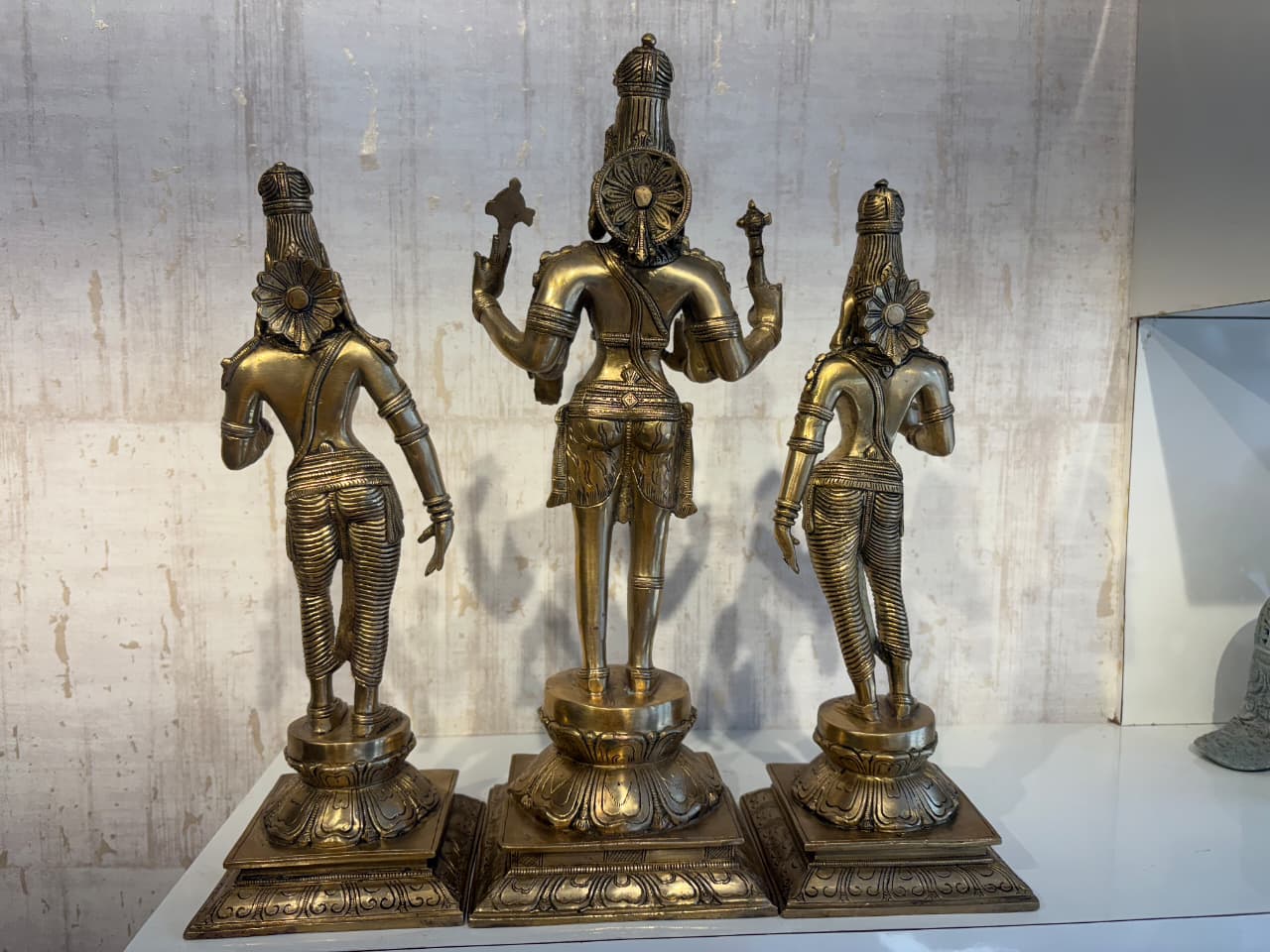 Brass Vishnu Lakshmi Bhudevi Statue Set – Antique Finish Hindu Deity Trio Idol
