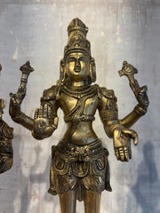 Brass Vishnu Lakshmi Bhudevi Statue Set – Antique Finish Hindu Deity Trio Idol