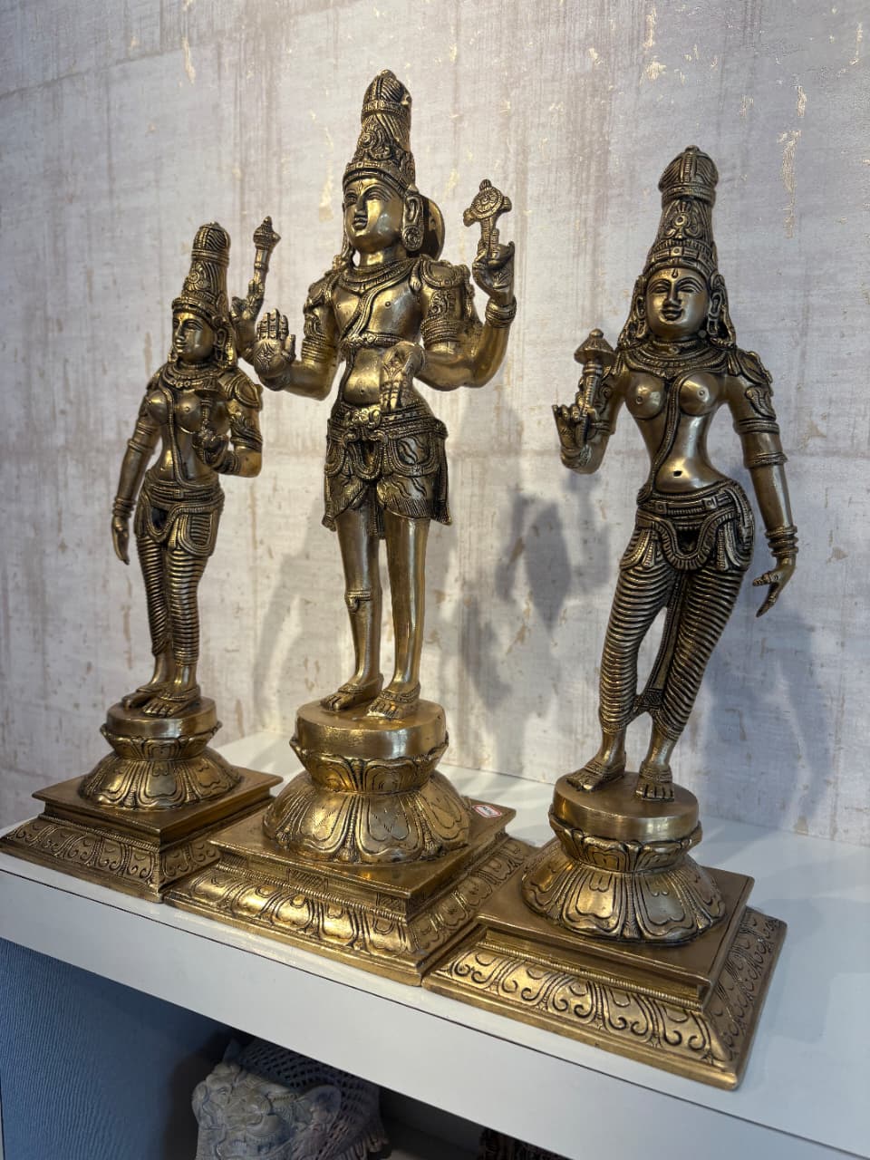 Brass Vishnu Lakshmi Bhudevi Statue Set – Antique Finish Hindu Deity Trio Idol