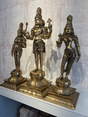Brass Vishnu Lakshmi Bhudevi Statue Set – Antique Finish Hindu Deity Trio Idol