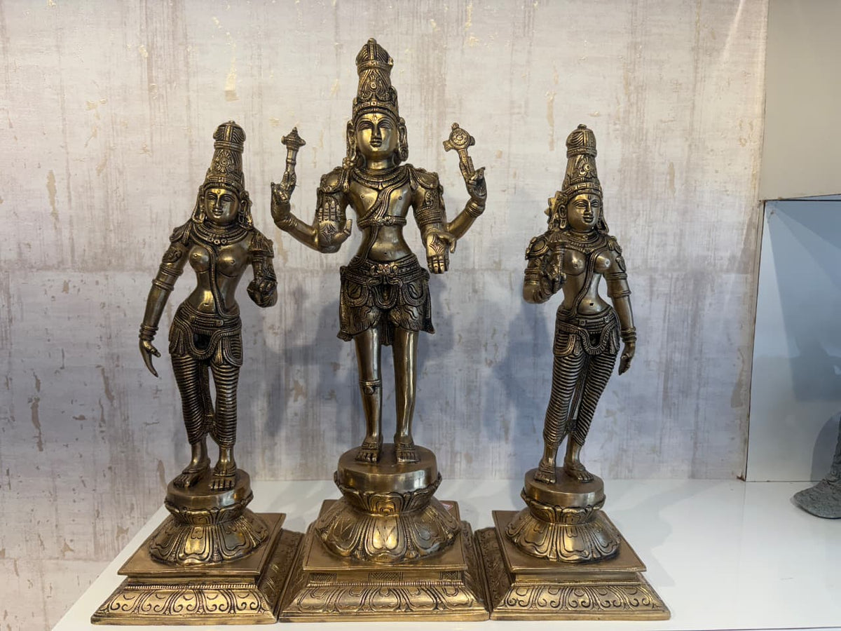 Brass Vishnu Lakshmi Bhudevi statue set – handcrafted antique finish Hindu deity idols for home temple
