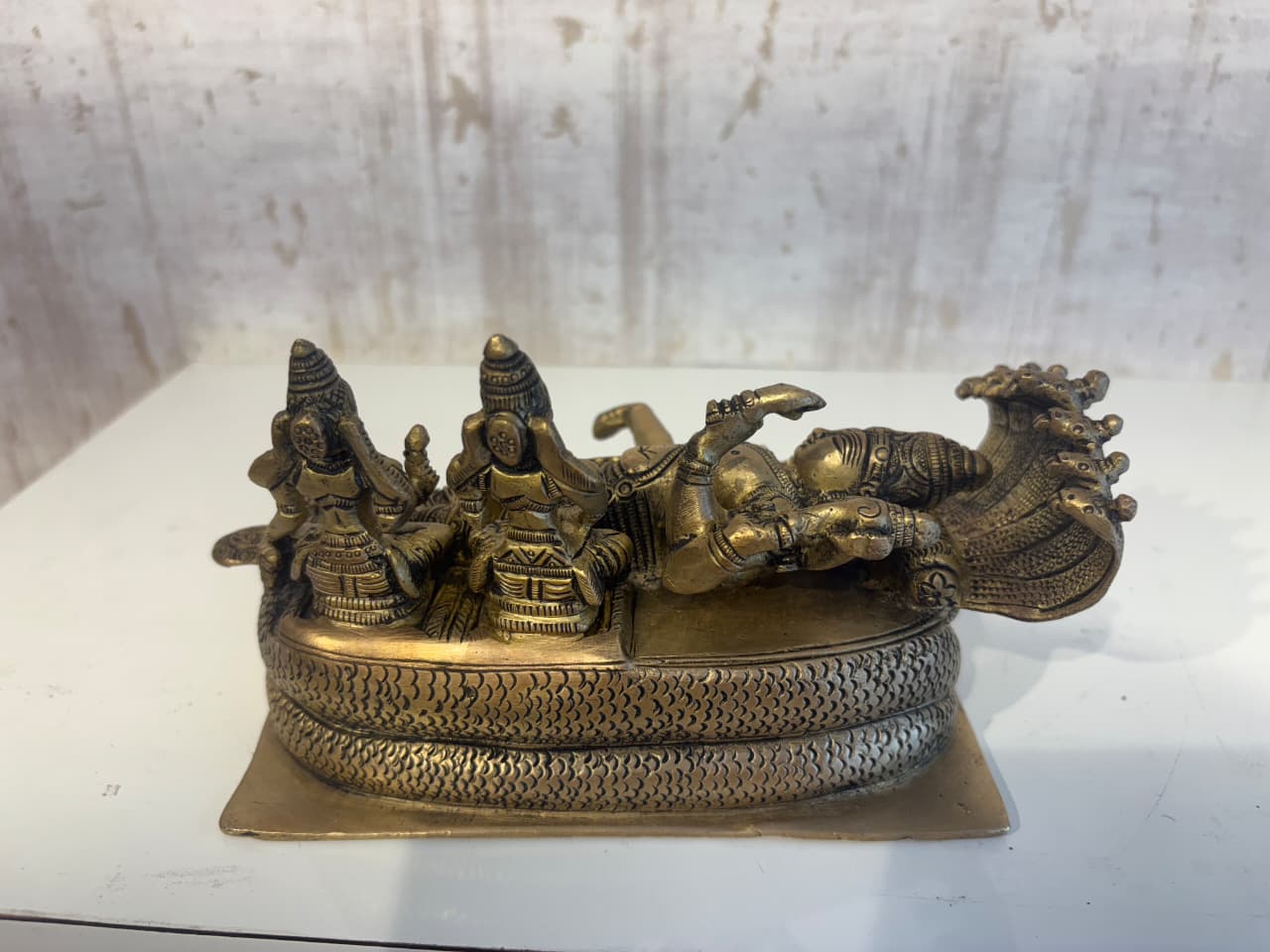 Brass Vishnu Ananta Shesha Statue – Lord Vishnu Resting with Goddess Lakshmi & Bhudevi