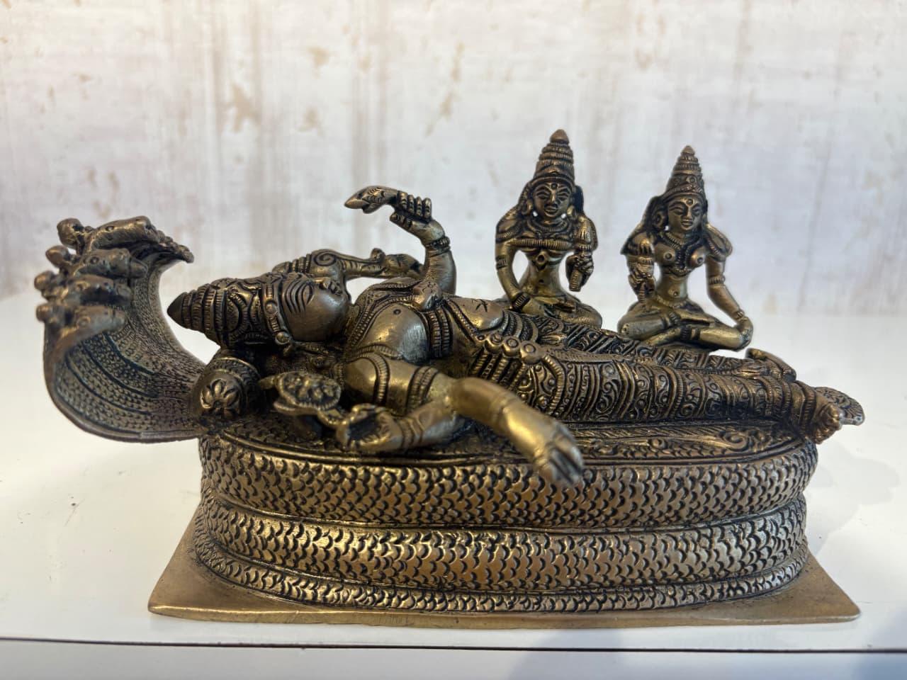 Brass Vishnu Ananta Shesha Statue – Lord Vishnu Resting with Goddess Lakshmi & Bhudevi