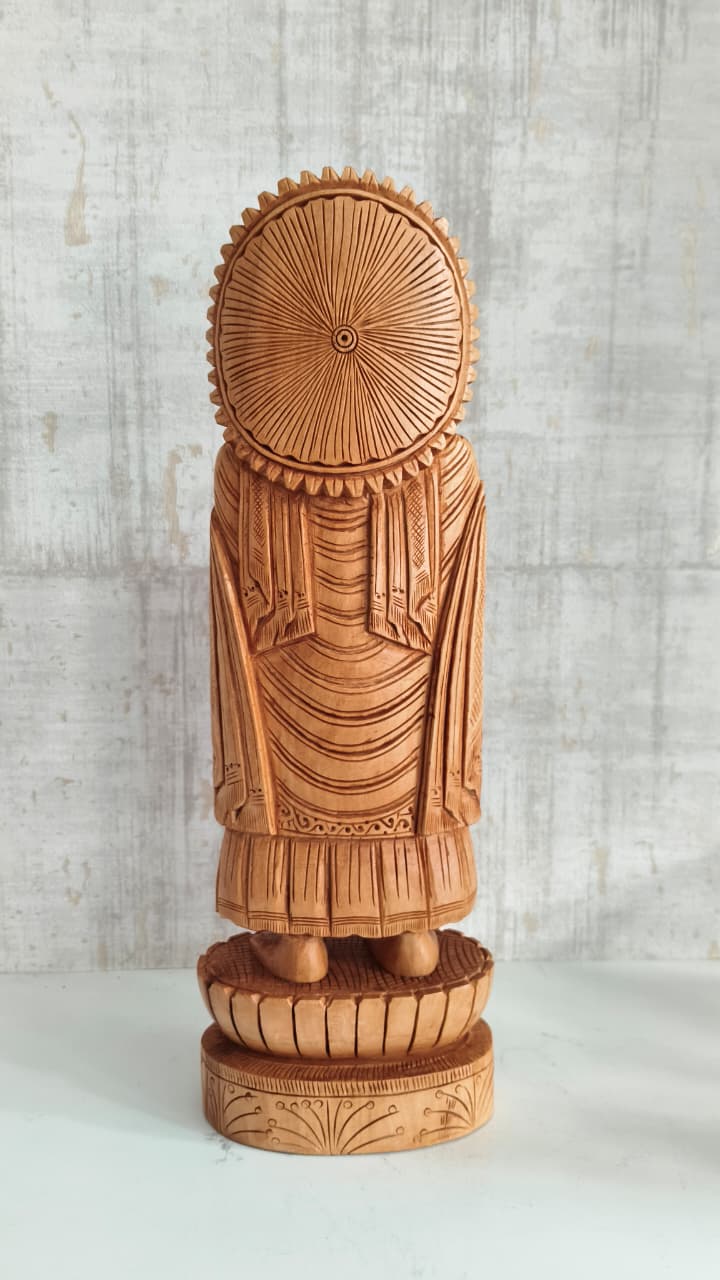 Standing Hand-Carved Wooden Buddha Statue in Abhaya Mudra