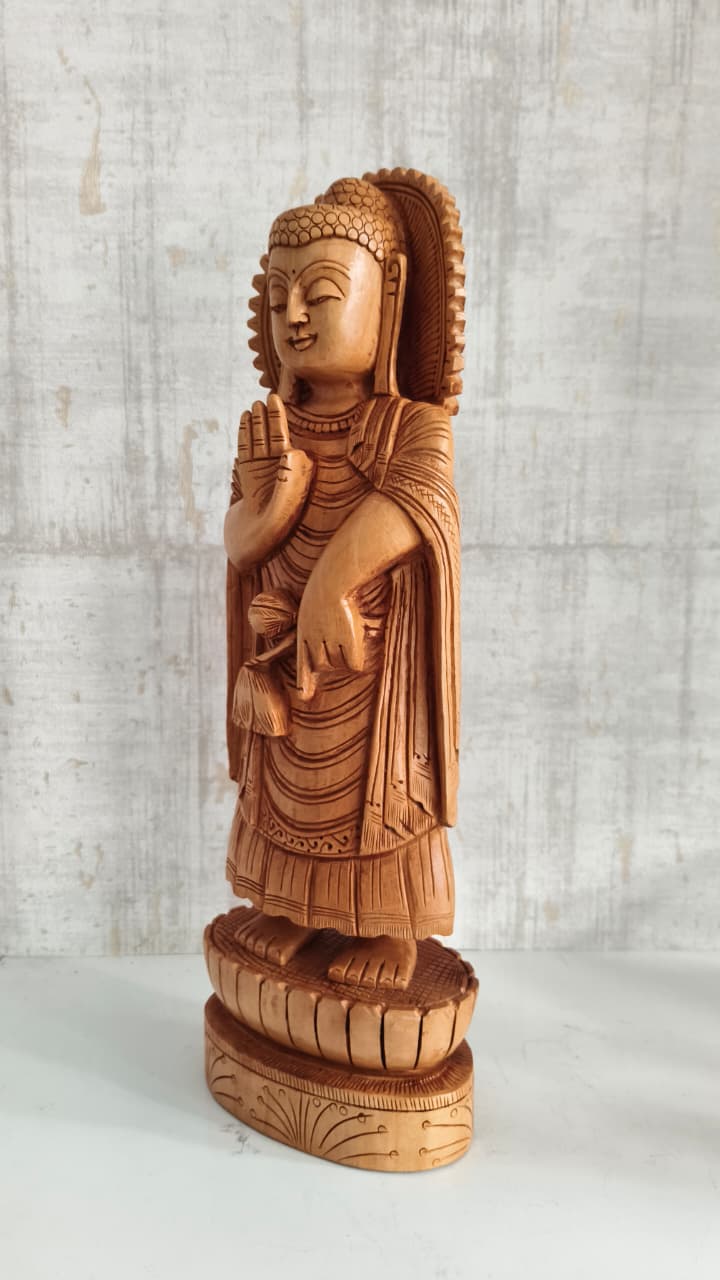 Standing Hand-Carved Wooden Buddha Statue in Abhaya Mudra