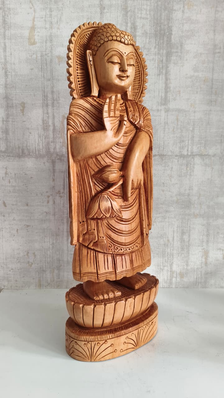 Standing Hand-Carved Wooden Buddha Statue in Abhaya Mudra
