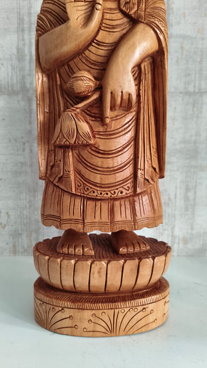 Standing Hand-Carved Wooden Buddha Statue in Abhaya Mudra