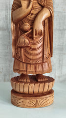 Standing Hand-Carved Wooden Buddha Statue in Abhaya Mudra