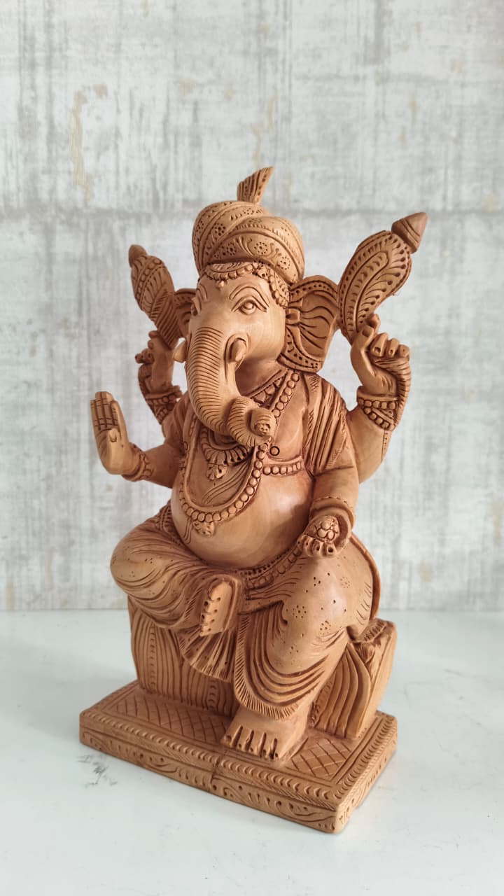 Hand-Carved Wooden Lord Ganesha Statue for Prosperity & Wisdom