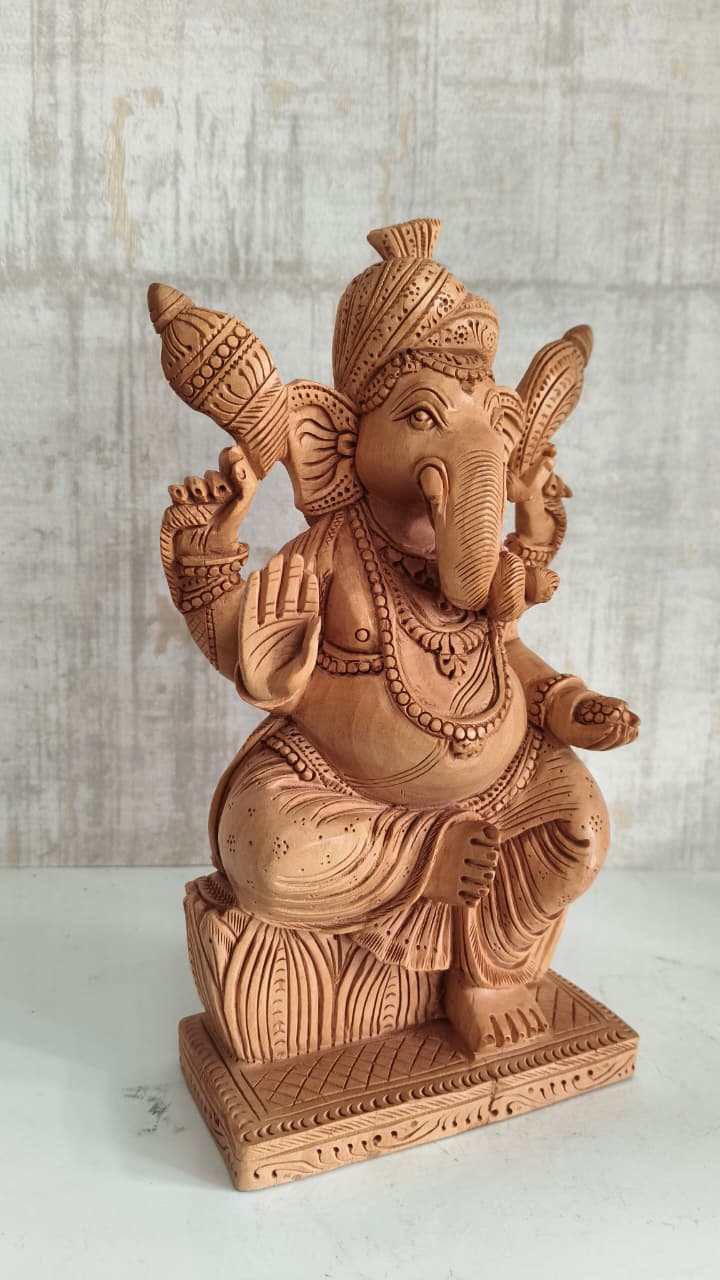 Hand-Carved Wooden Lord Ganesha Statue for Prosperity & Wisdom