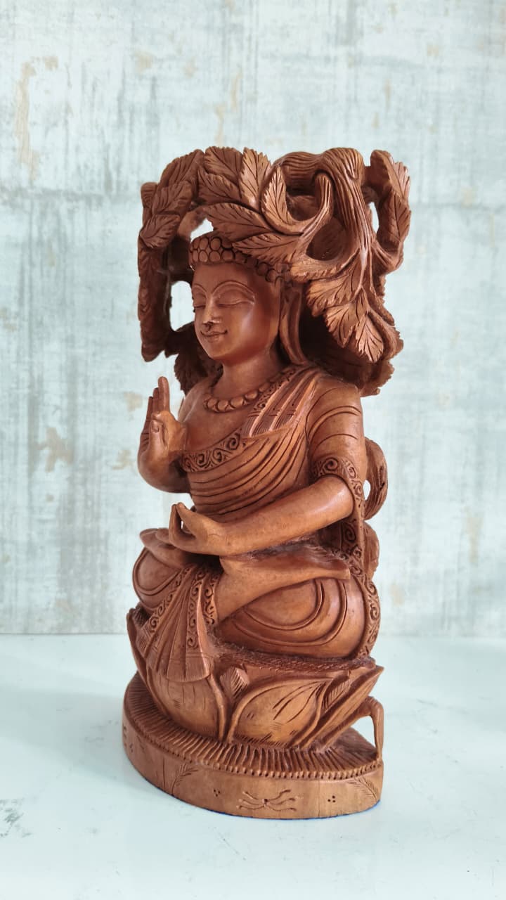 Reversible Hand-Carved Wooden Buddha & Bodhi Tree Sculpture
